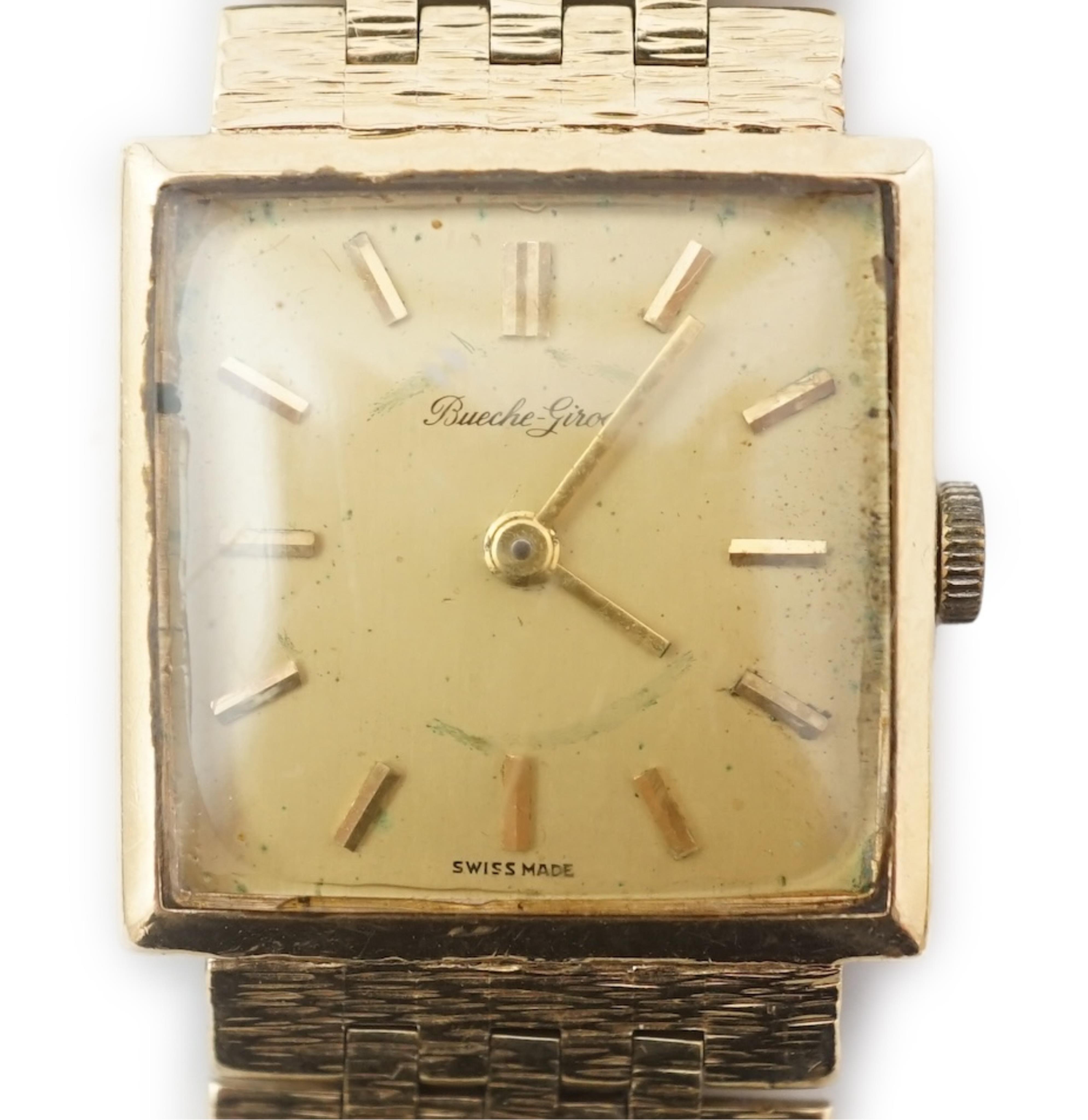 A gentleman's 1970's 9ct gold Bueche Girod manual wind dress wrist watch, on an integral 9ct gold bracelet
